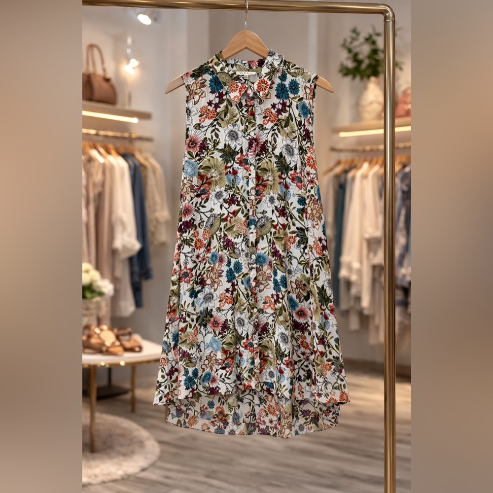 SPENCE Floral Sleeveless Button-Front Long Tunic Top